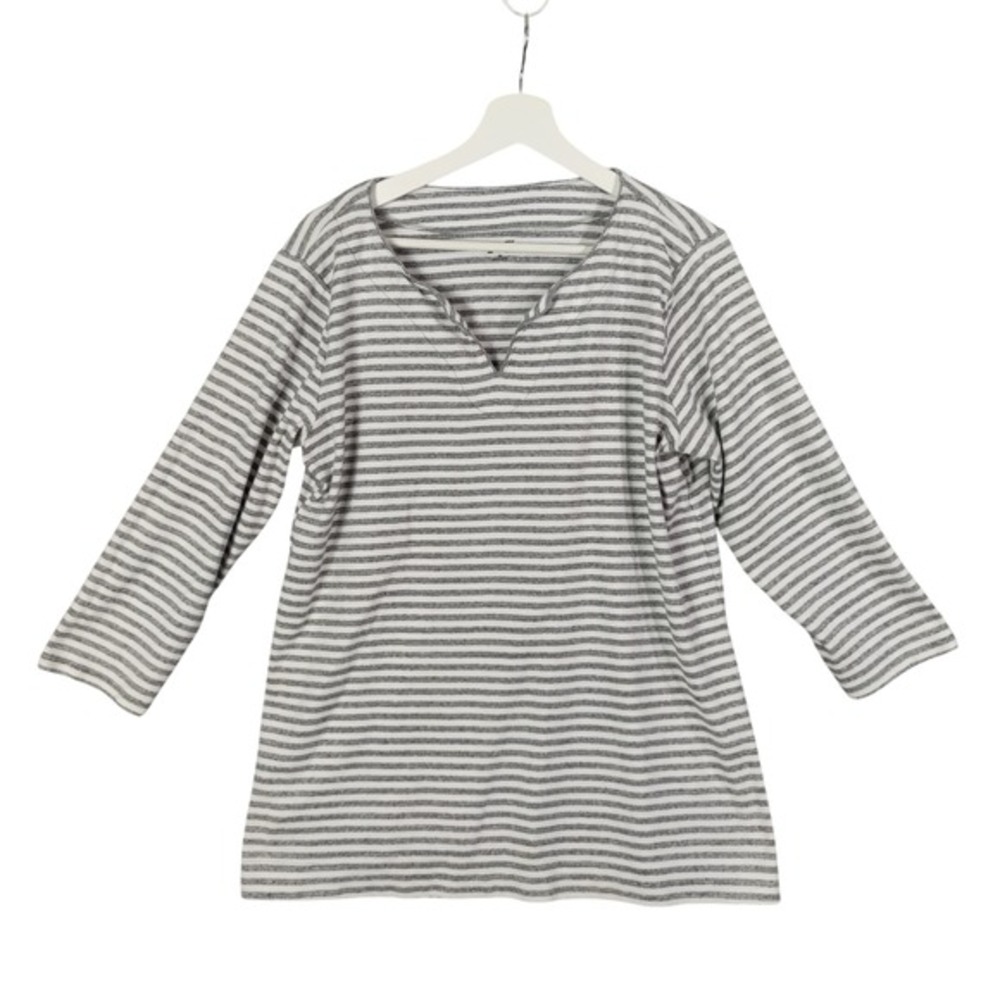 Duluth Womens Nautical Coastal Preppy Striped VNeck 3/4 Sleeve Top XL Gray White